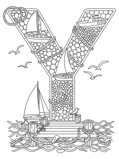 Medium-complexity letter Y with yachts, dock pilings, ropes, waves, and seagulls line art for adult coloring.