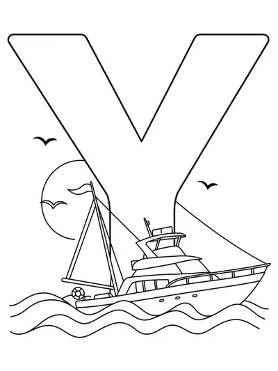 Easy yacht-themed letter Y coloring page with a yacht and waves.