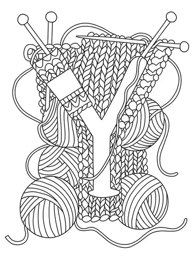 Letter Y decorated with yarn balls, knitting needles, and threads, medium detailed black and white coloring page for adults.
