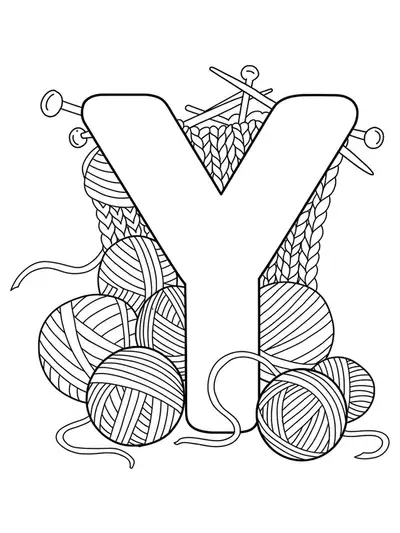 Easy yarn crafts-themed letter Y coloring page with balls of yarn and needles.