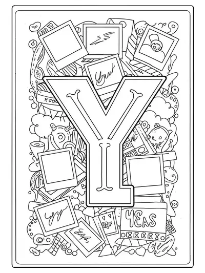Easy yearbook-themed letter Y coloring page with frames and doodles.