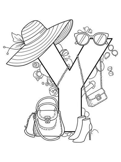 Easy fashion accessories-themed letter Y coloring page with hats and purses.