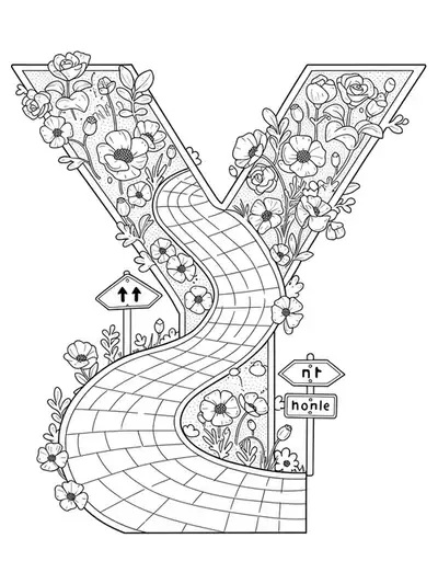Letter Y with a winding brick road, poppy flowers, and whimsical signs, medium complexity, black and white adult coloring page.