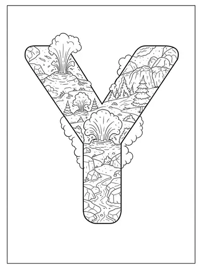 Letter Y with erupting geysers, rocky terrain, steam clouds, and pine trees, medium complexity coloring page for adults.