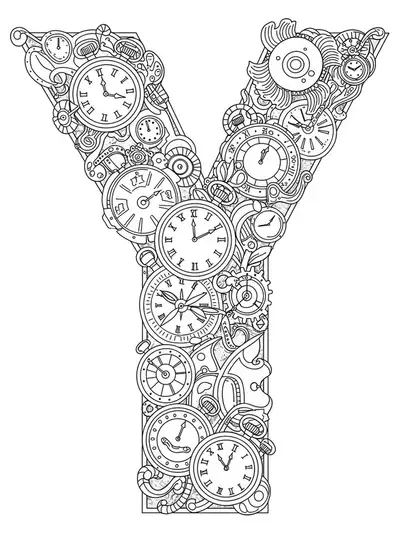 Letter Y with antique pocket watches, clock faces, and gears, medium detail, black and white coloring page for adults.