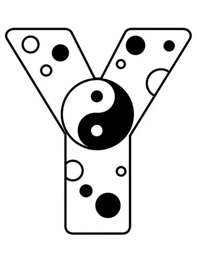 Easy yin yang-themed letter Y coloring page with harmony symbols.