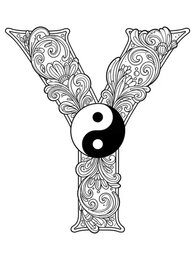 Letter Y with swirling floral motifs and a Yin-Yang symbol, medium detailed black and white coloring page for adults.