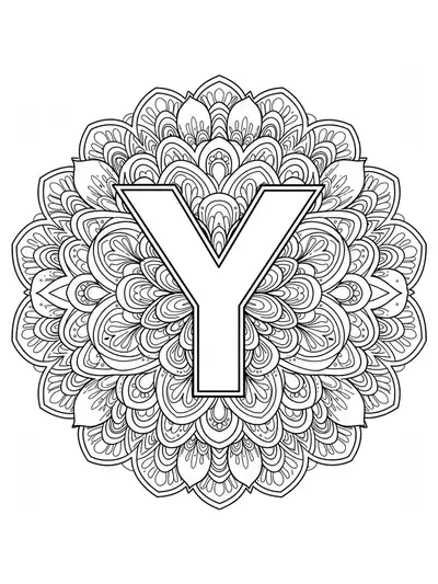 Easy mandala-themed letter Y coloring page with simple mandala patterns.