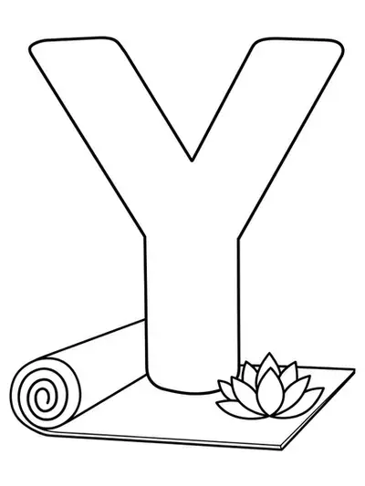 Easy meditation-themed letter Y coloring page with a yoga mat and lotus.