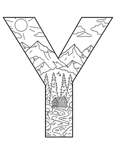 Easy yoga retreat-themed letter Y coloring page with calm landscape elements.