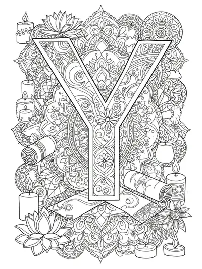 Intricate letter Y with yoga mats, lotus flowers, candles, and mandala details, medium complexity, black and white coloring page for adults.