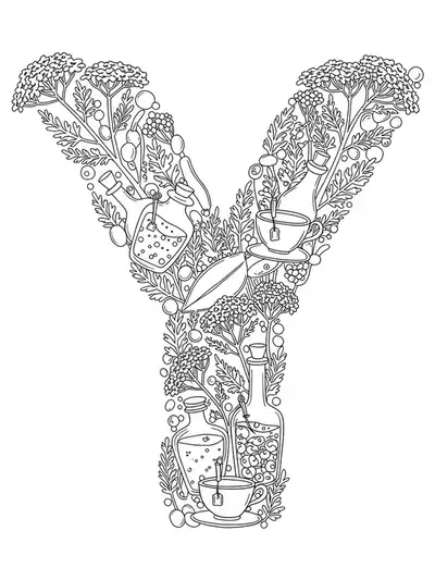 Letter Y with yarrow plants, apothecary jars, tea cups, and herbal elements, medium detail black and white coloring page for adults.