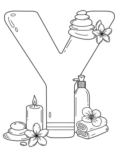 Easy wellness-themed letter Y coloring page with spa and self-care items.