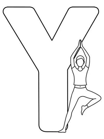 Easy yoga-themed letter Y coloring page with simple lines and large spaces.
