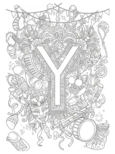 Letter Y with festival streamers, instruments, masks, and banners in medium detailed black and white line art for adult coloring.