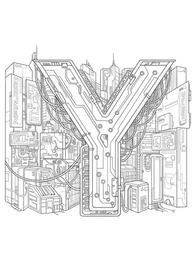 Letter Y integrated into a detailed cyberpunk cityscape with skyscrapers, wires, and circuit patterns.