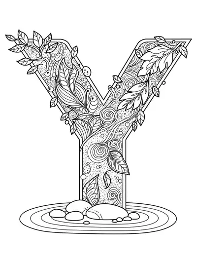 The letter Y surrounded by intricate Zen garden sand patterns, pebbles, and stylized leaves.