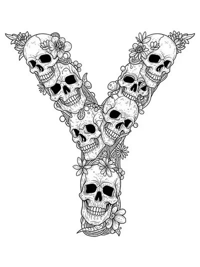 Letter Y entwined with detailed skulls and ornate floral patterns, creating a complex yet artistic composition.