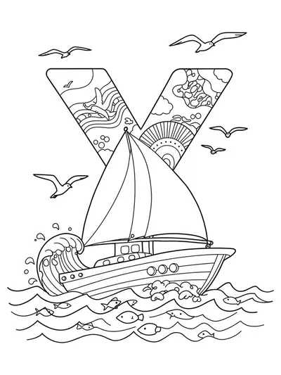 Letter Y coloring page with a yacht sailing on ocean waves, seagulls, and fish.