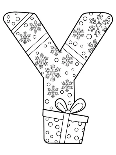 Large letter Y with snowflakes and a simple gift box, perfect for winter holiday coloring.