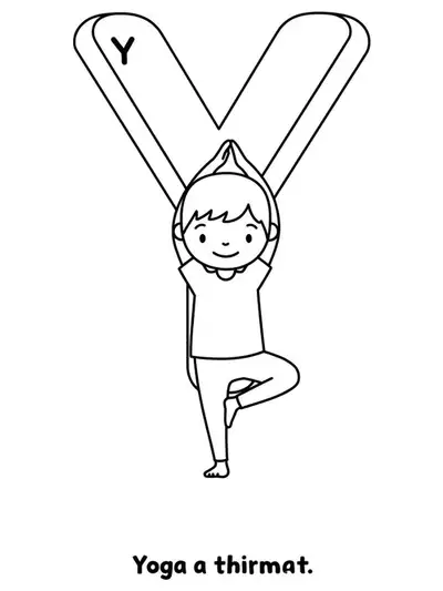 Large letter Y with a child in a simple yoga pose, easy lines and shapes for young children.