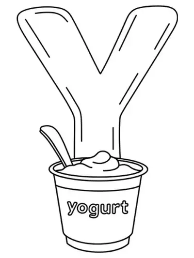 Easy coloring page showing a large letter Y with a smiling yogurt cup beside it, simple lines and big shapes for children.