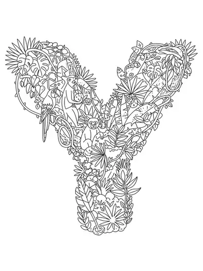 A detailed coloring page featuring the letter Y entwined with jungle vines, leaves, and hidden animals, designed for elementary kids.
