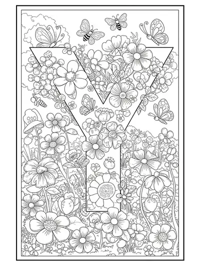 A medium detail coloring page of the letter Y with flowers, butterflies, and bees in a spring garden.