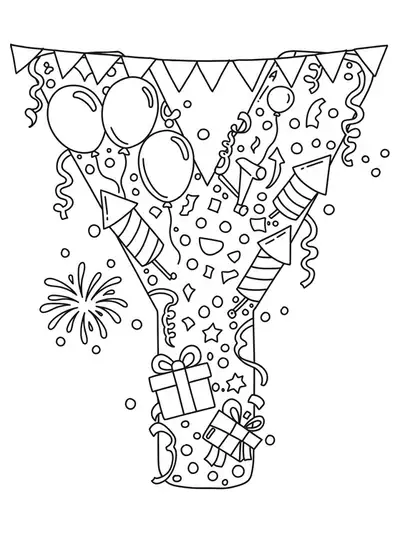 Letter Y coloring page surrounded by confetti, balloons, streamers, and fireworks for New Year's.
