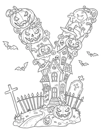Letter Y coloring page with jack-o’-lanterns, bats, haunted house, and Halloween yard decorations.