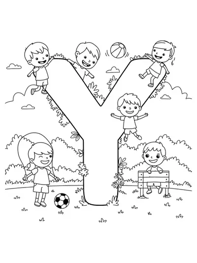 Large letter Y with kids playing sports in a grassy yard.
