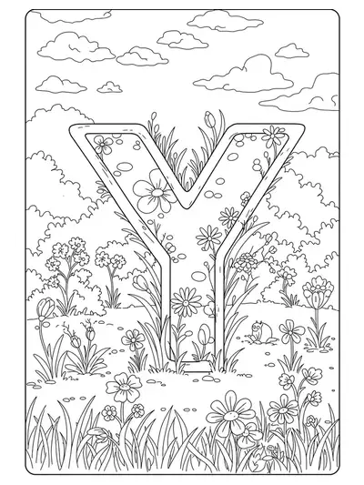 Large letter Y surrounded by flowers and grass, simple lines for spring yard scene.
