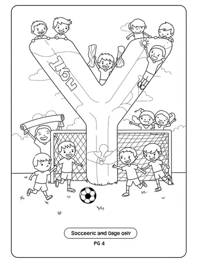 Letter Y coloring page with children playing soccer, a goal net, soccer balls, and fans.