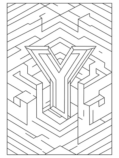 Letter Y hidden in a complex optical illusion maze with interlocking geometric shapes.