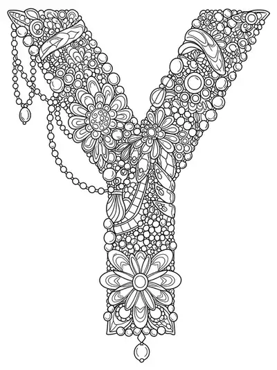Letter Y decorated with detailed jewelry, including beads, filigree, and gemstones, in line art.