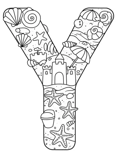 Letter Y coloring page with sandcastles, seashells, starfish, and waves in a beach scene.