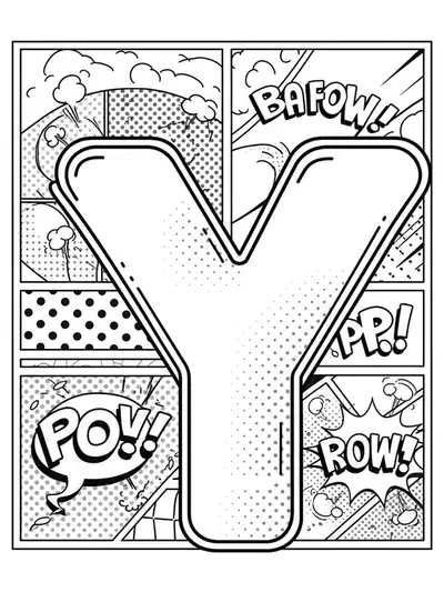 Letter Y set against a background of retro comic panels, speech bubbles, and detailed pop art patterns.