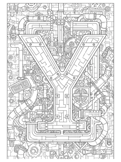 Letter Y entwined with intricate steampunk gears, pipes, and mechanical shapes forming a detailed maze.