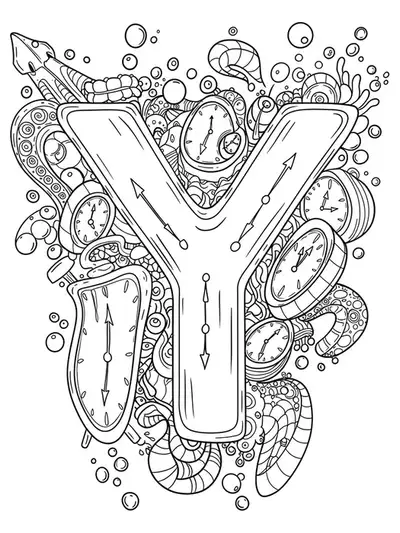 Letter Y surrounded by melting clocks, floating abstract shapes, and surreal intricate patterns.