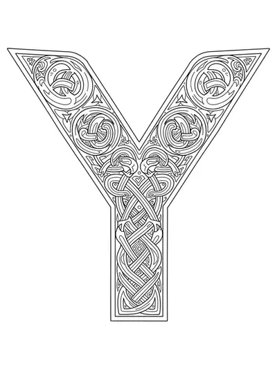 Letter Y surrounded by complex Celtic knot patterns and interwoven line art.