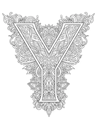 Letter Y with complex tribal and ornamental tattoo patterns in black and white line art.