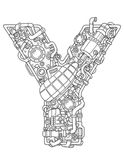Letter Y entwined with detailed mechanical submarine parts, gears, portholes, and underwater machinery.