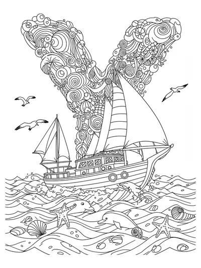 A complex coloring page showing the letter Y as part of an elaborate yacht and ocean scene with waves, sails, and sea animals.