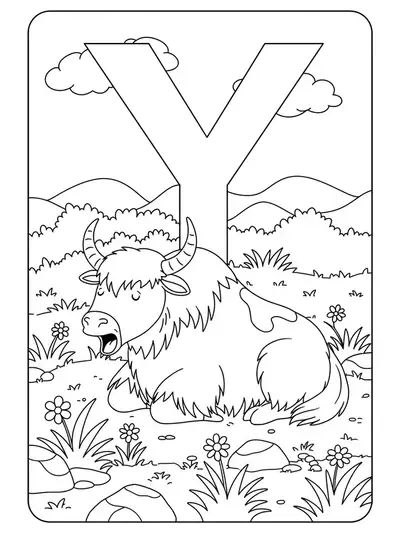 Letter Y coloring page with a yawning yak, grassy meadow, rocks, and wildflowers.