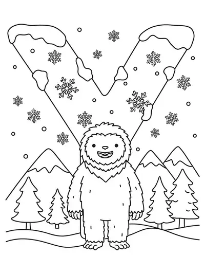 Letter Y coloring page with a smiling yeti, snowflakes, and pine trees in a mountain scene.