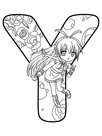Letter Y with anime eyes, chibi characters, and manga effects in line art.