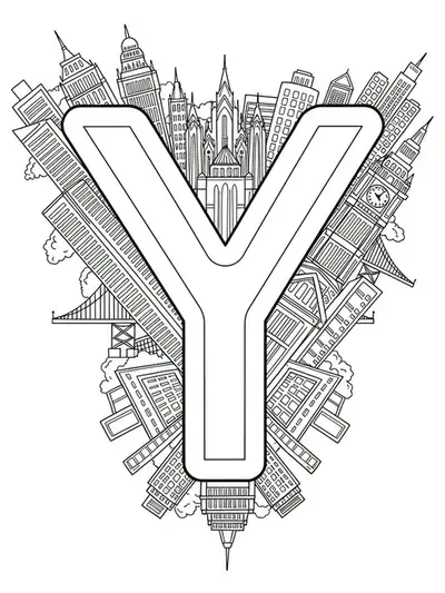 Letter Y framed by line art of famous buildings, bridges, and monuments.