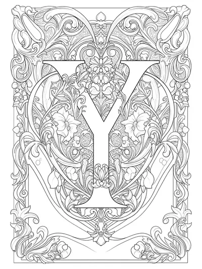 Letter Y surrounded by ornate Art Nouveau garden patterns, flowing lines, complex flowers, and vines.