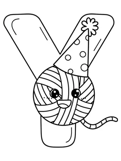 Large letter Y with a yarn ball wearing a party hat, simple outlines for easy coloring.