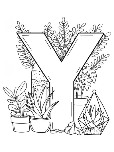 Large letter Y with basic terrarium and plant outlines.